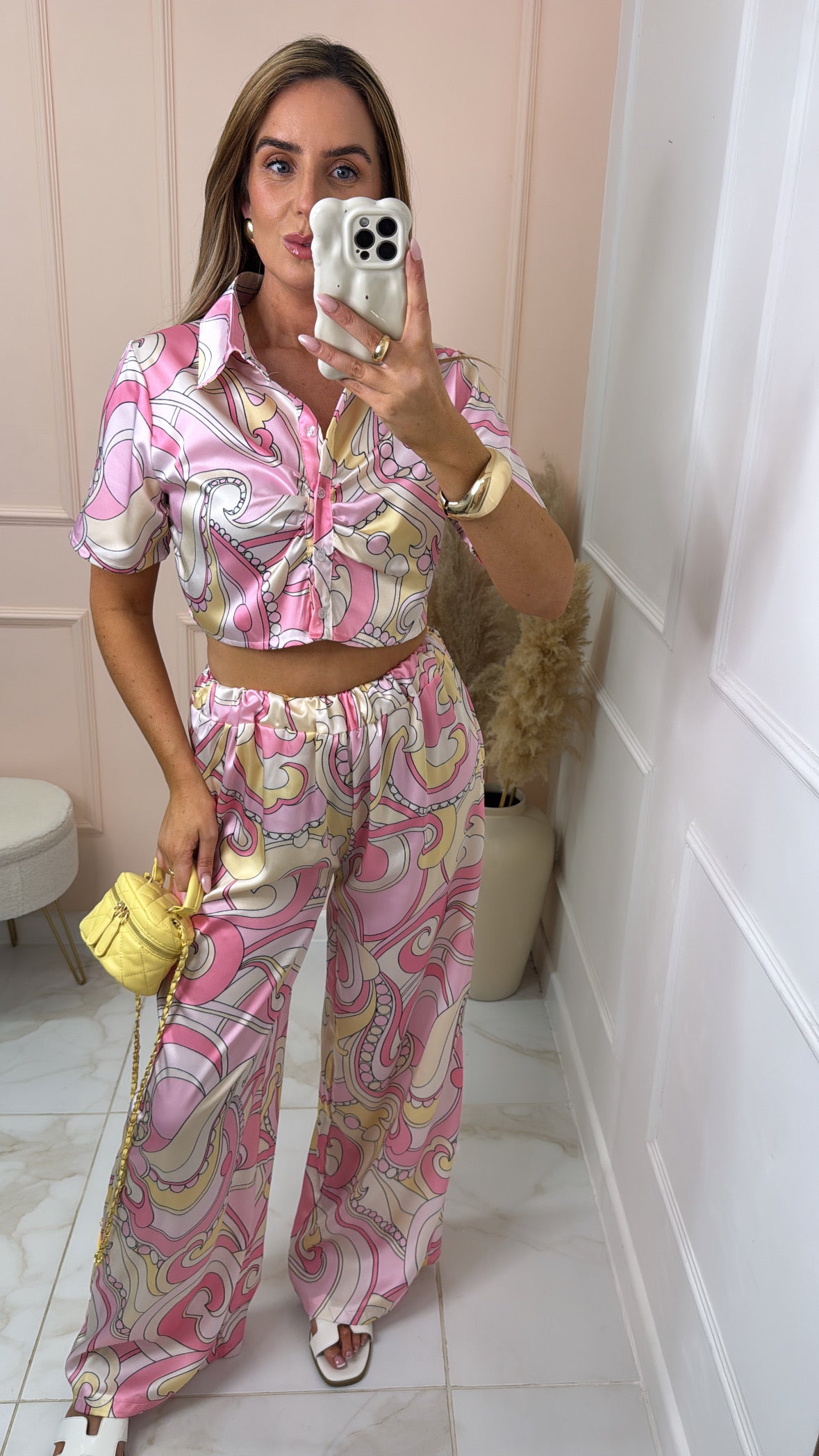 FELICITY pink retro print silky trouser set
