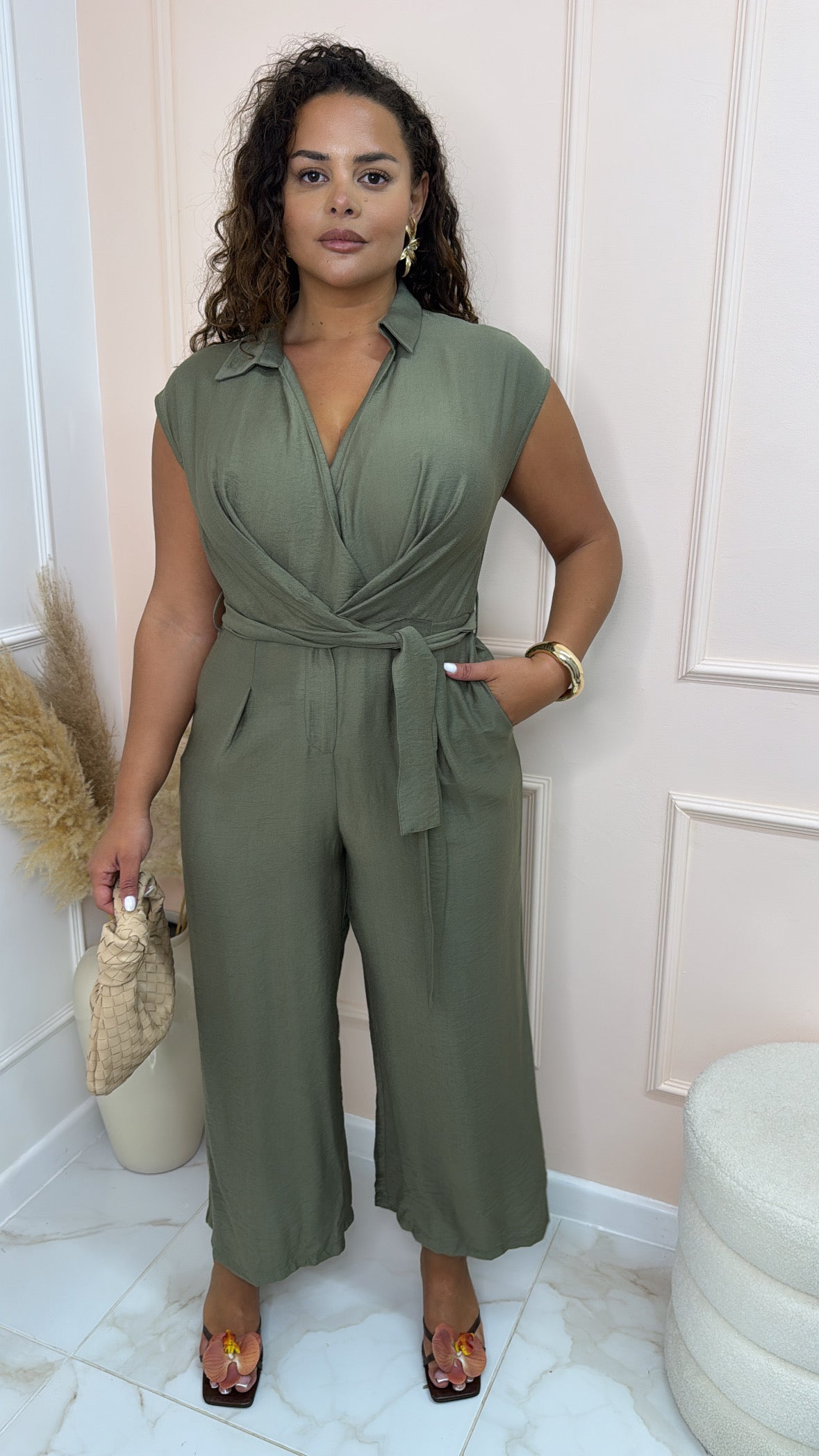 OLIVIA khaki tie waist jumpsuit