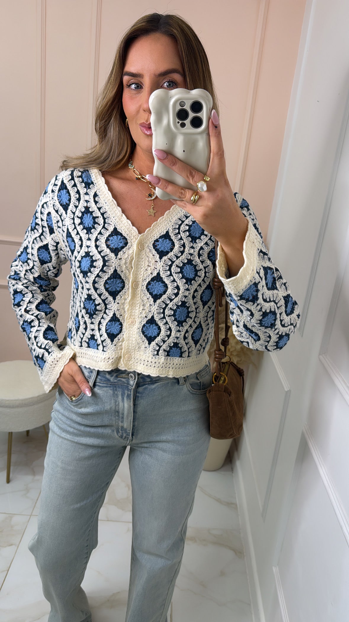 RAINE blue geo print crochet cardigan