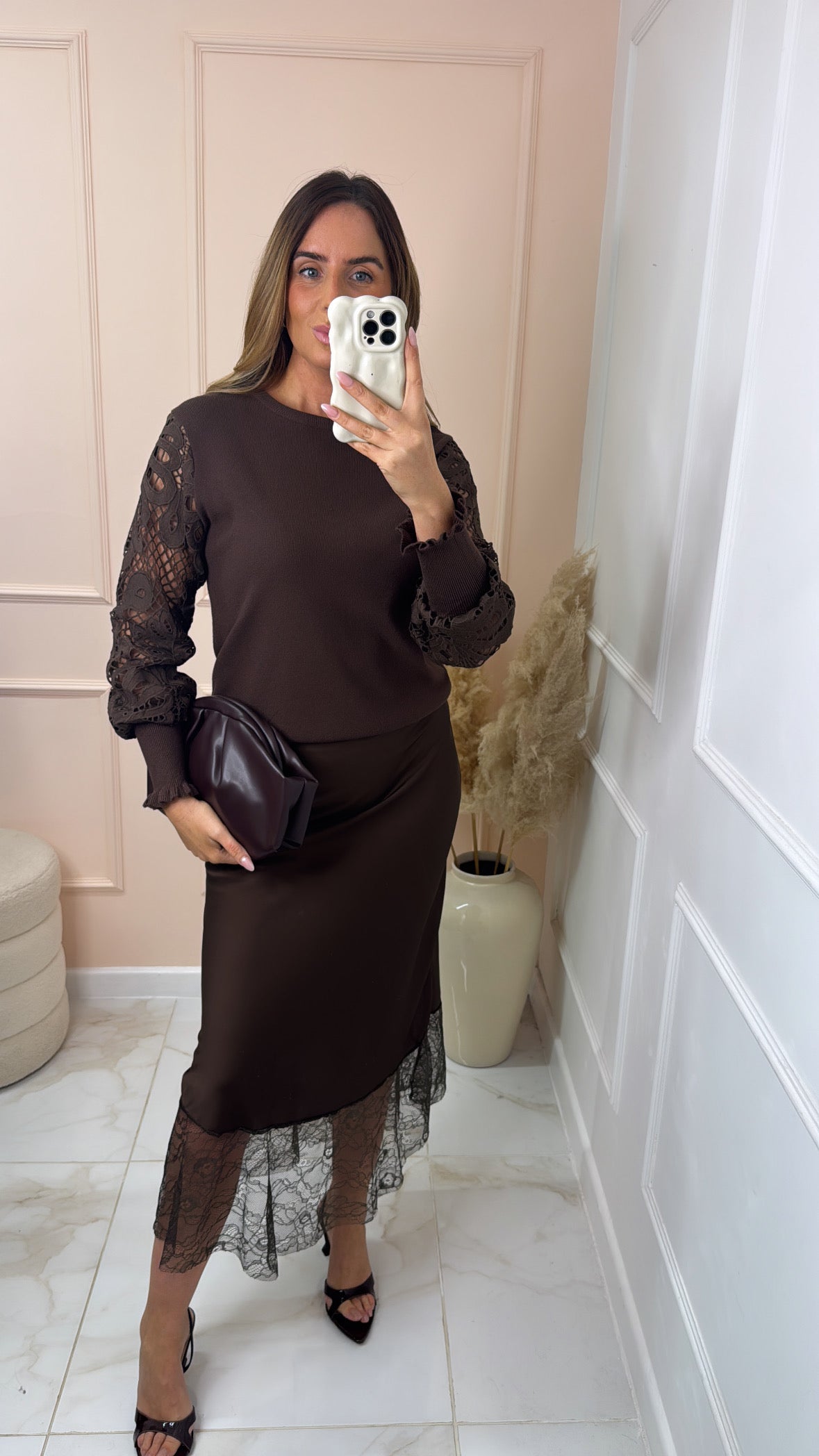 SHARNA brown satin lace midaxi skirt