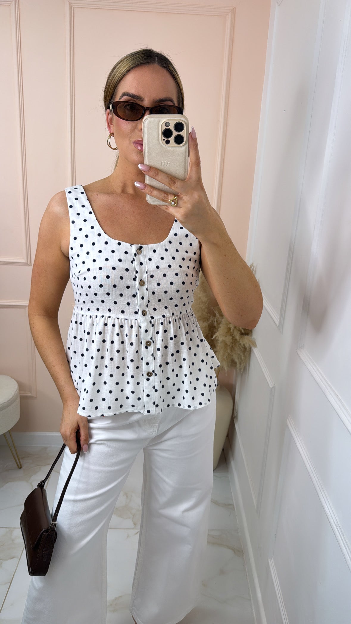 MARNIE white navy polka dot top