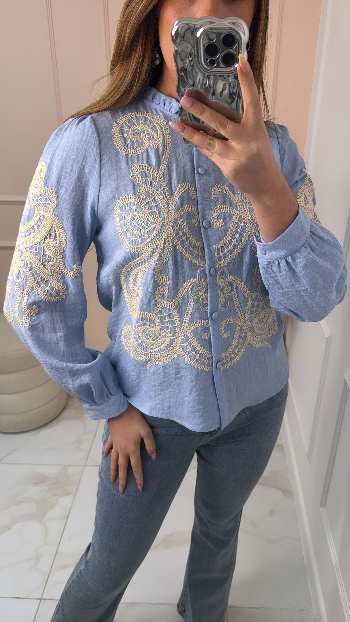 BRIELLE powder blue embroidered shirt