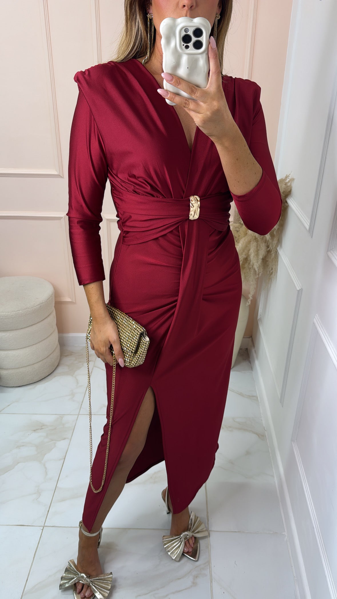 ELLA burgundy drape slinky shoulder pad maxi dress