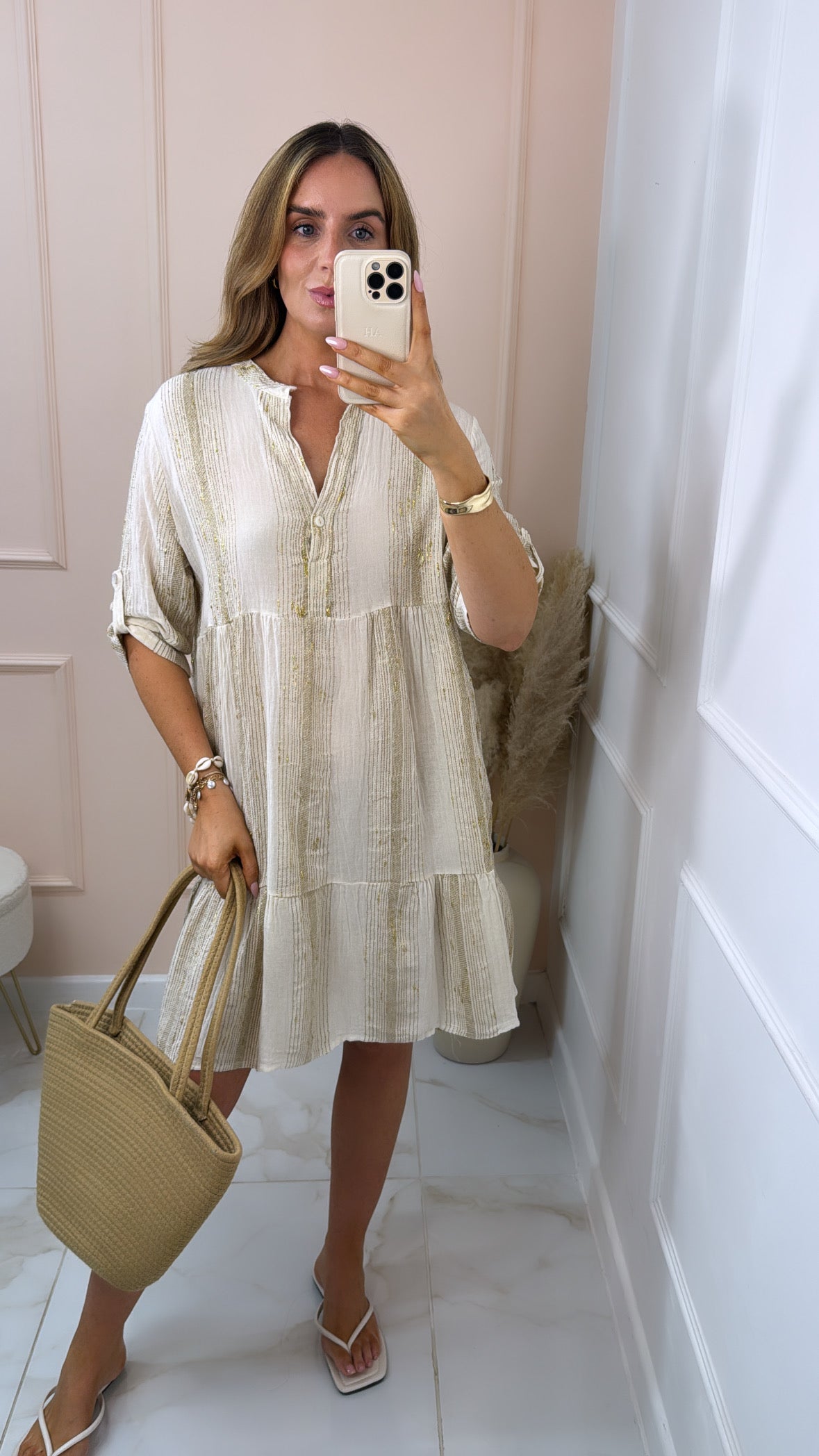 ANNIE beige & gold metallic smock dress
