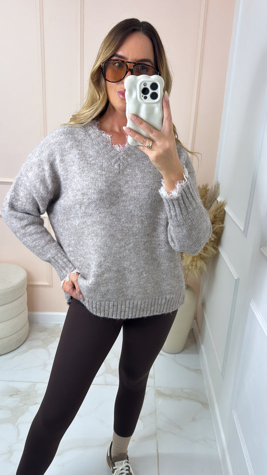 LUNA taupe lace trim knit fluffy jumper