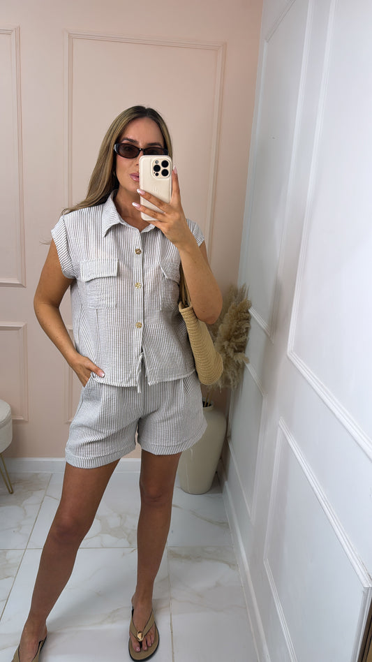 KLAUDIA taupe pinstripe short set