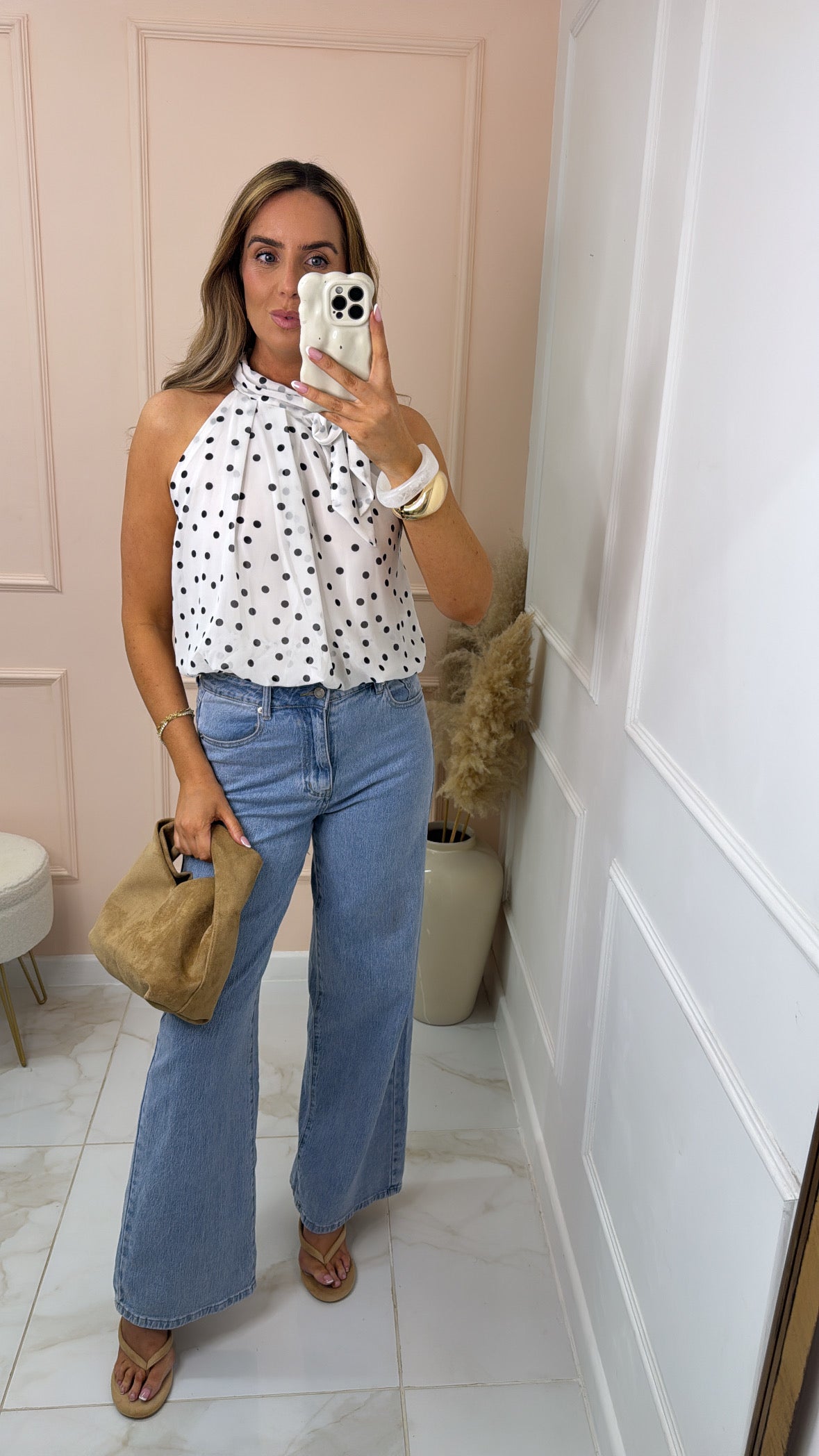 ALICIA white polka dot high neck top