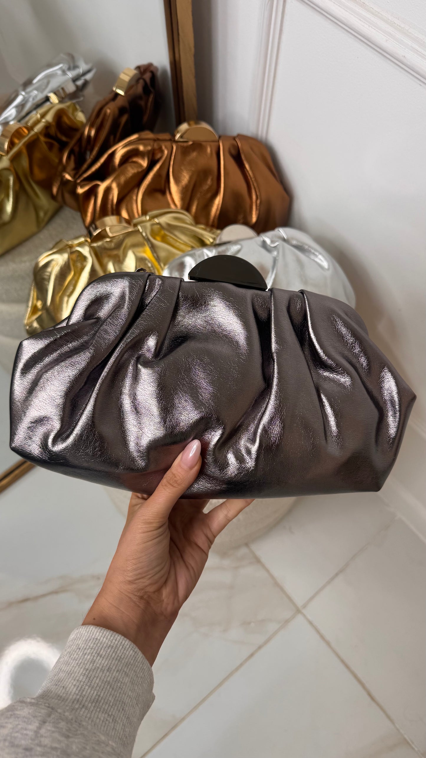 JESSIE pewter metallic pouch bag