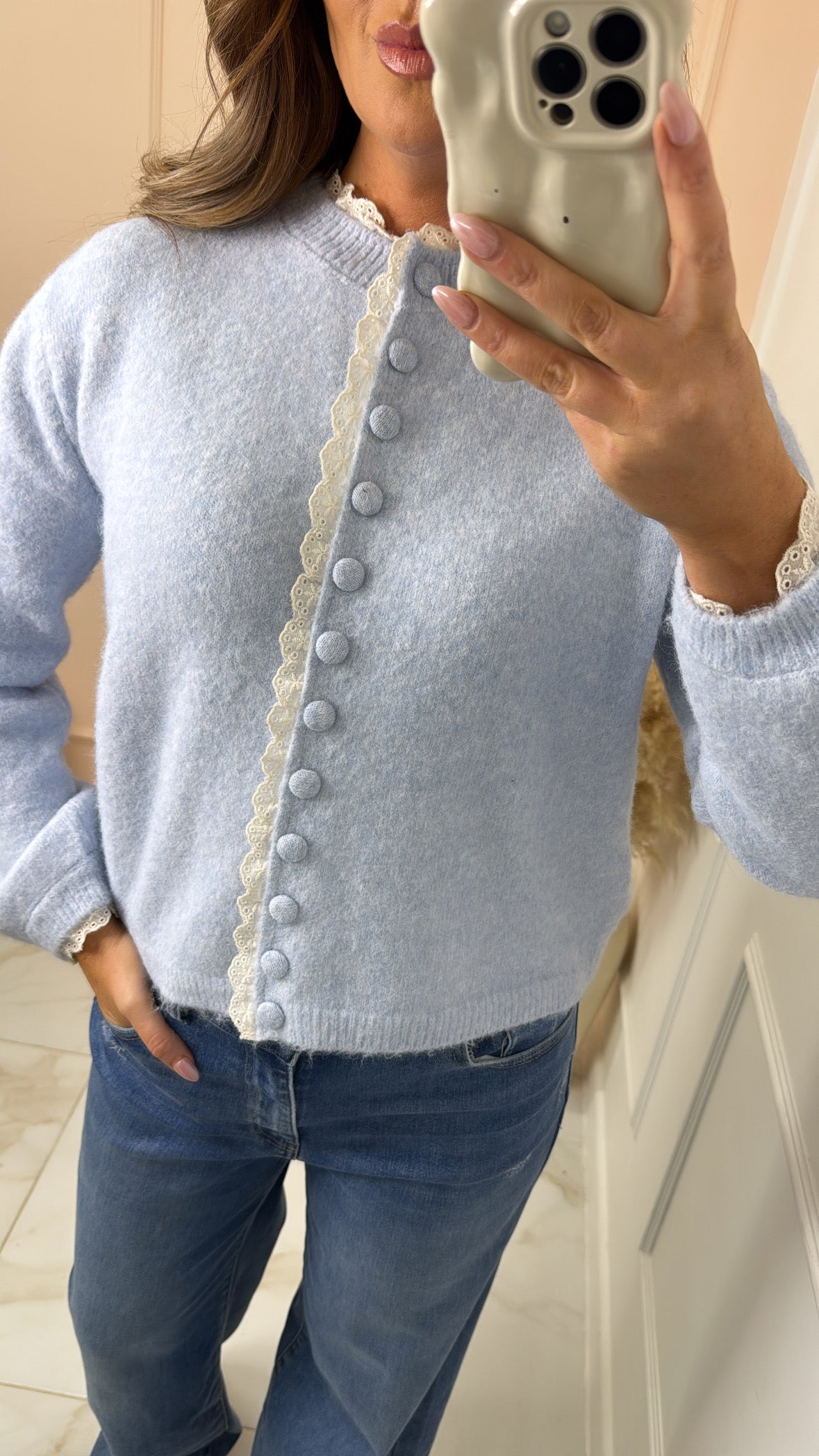 FINLEY powder blue broderie trim cardigan