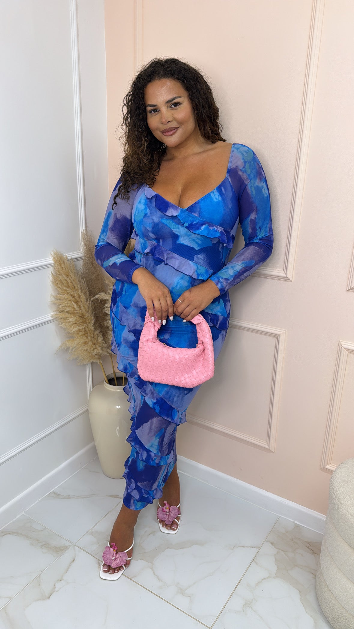 POPPY blue tie dye ruffle midi dress