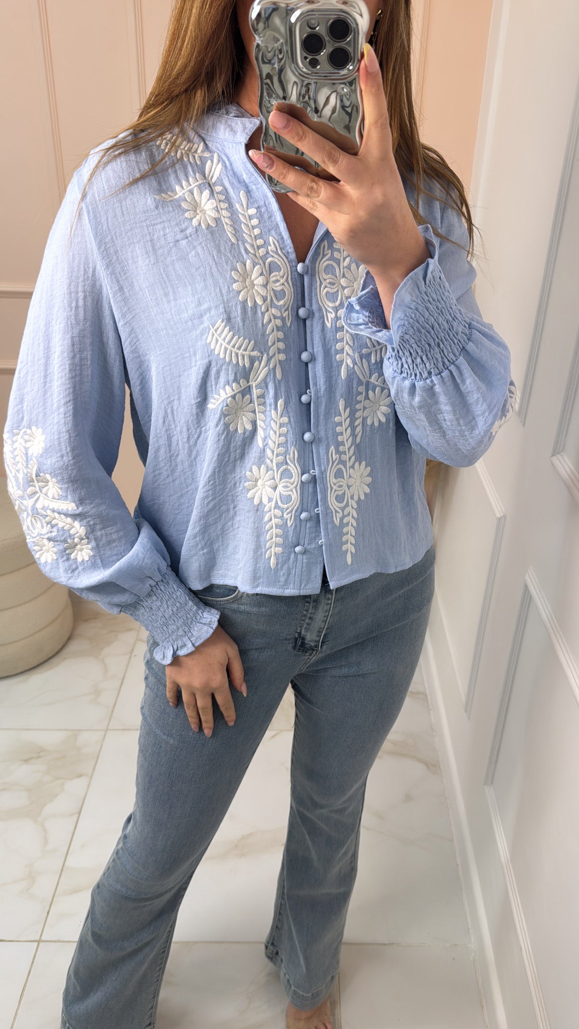 FREYA powder blue button embroidered shirt