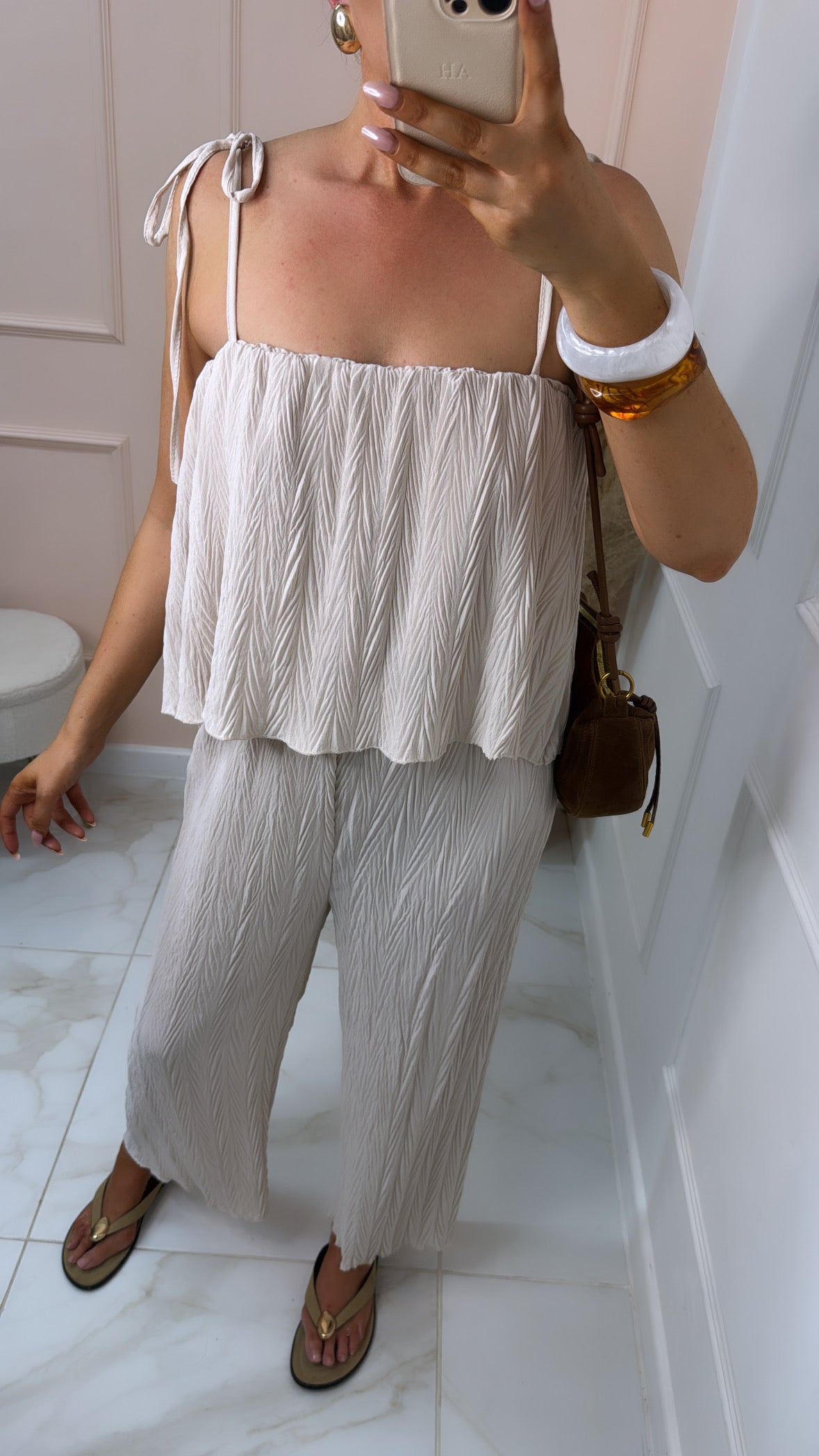 MAURA beige crinkle tie shoulder jumpsuit