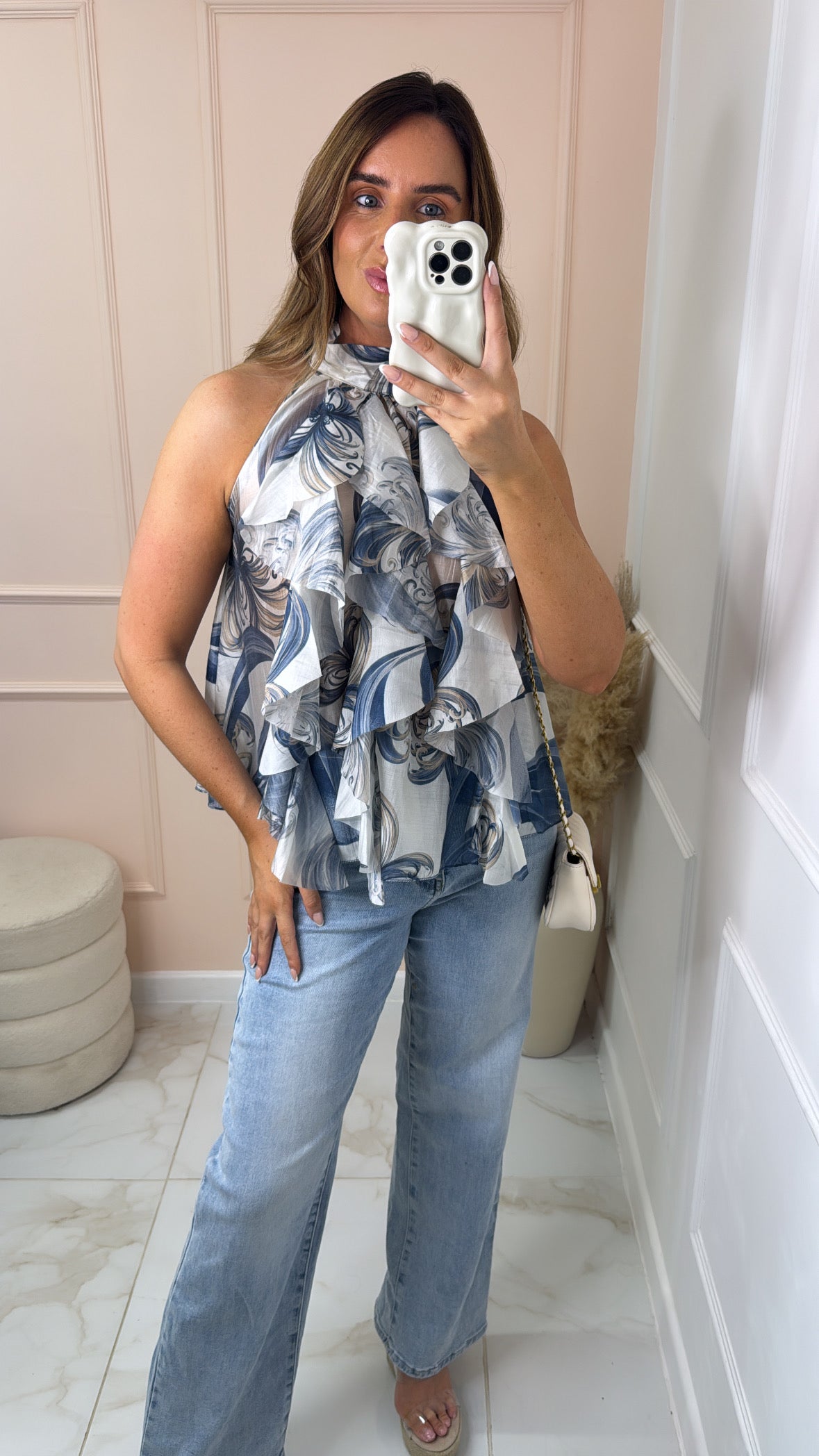 HEIDI blue high neck ruffle top
