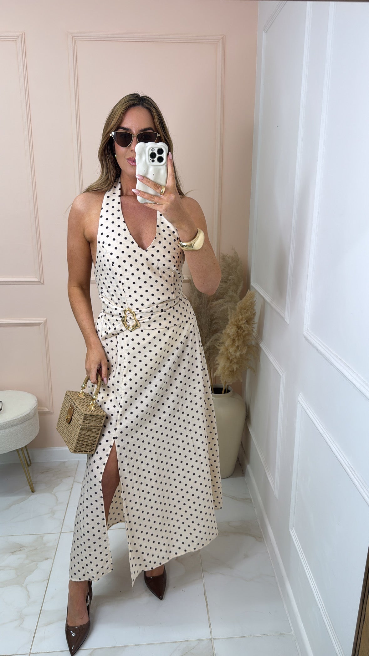 BIANCA beige polka dot halter midi dress