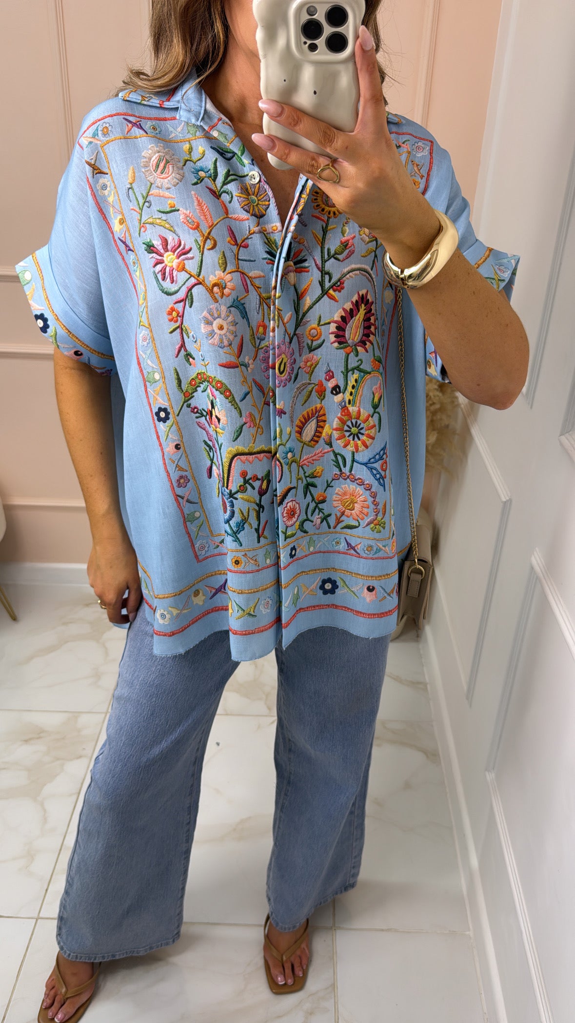 ELODIE blue floral embroidered boho shirt