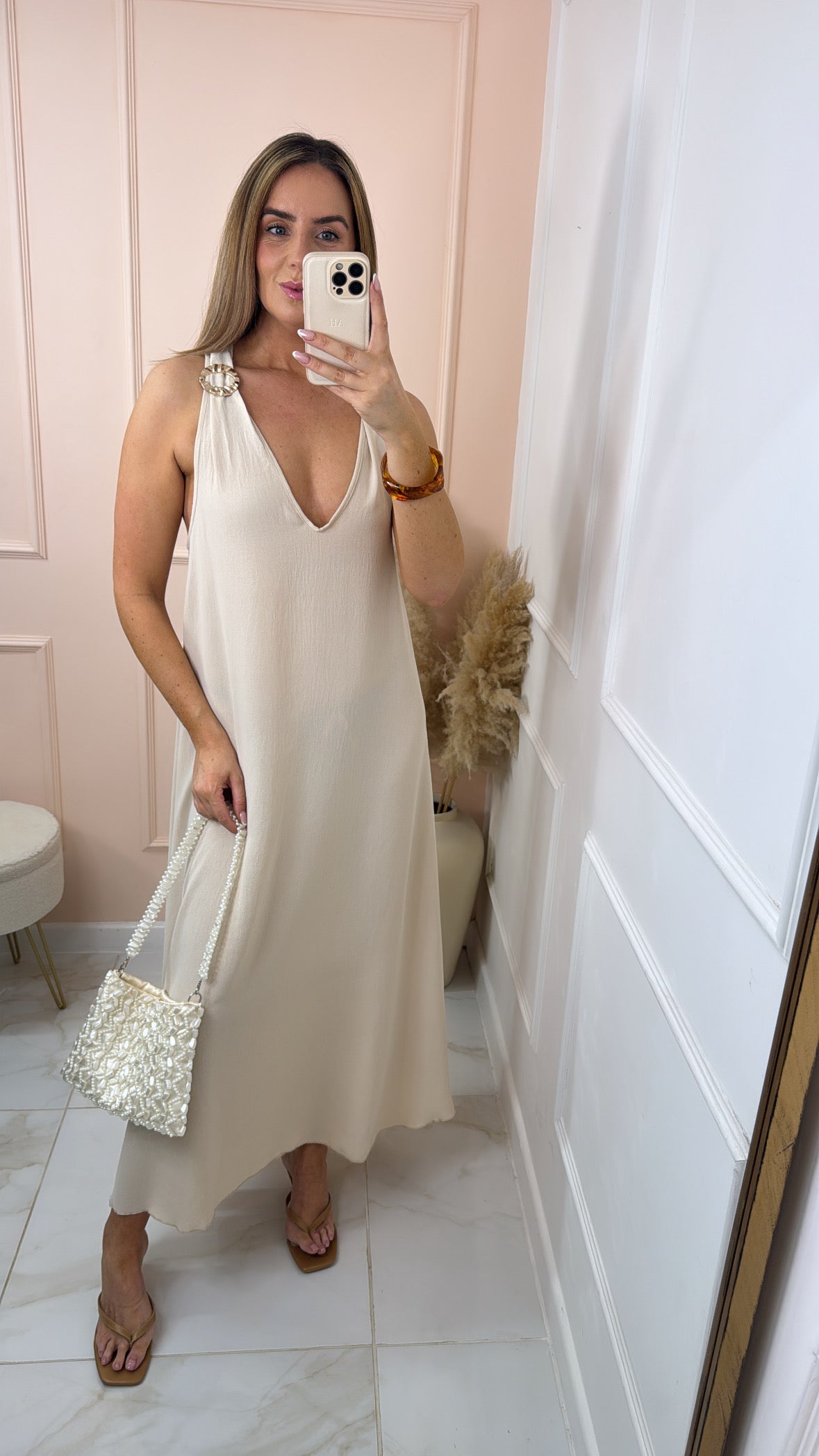 MACIE beige gold detail maxi dress