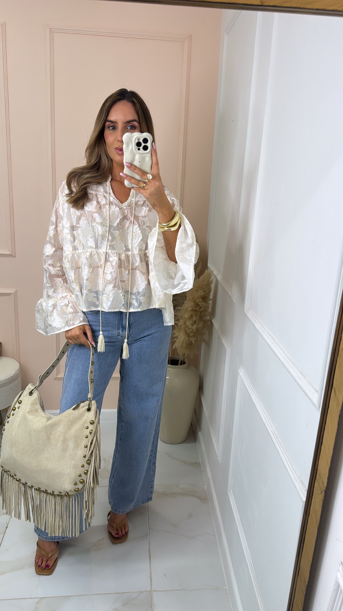 HARPER cream textured frill cuff blouse