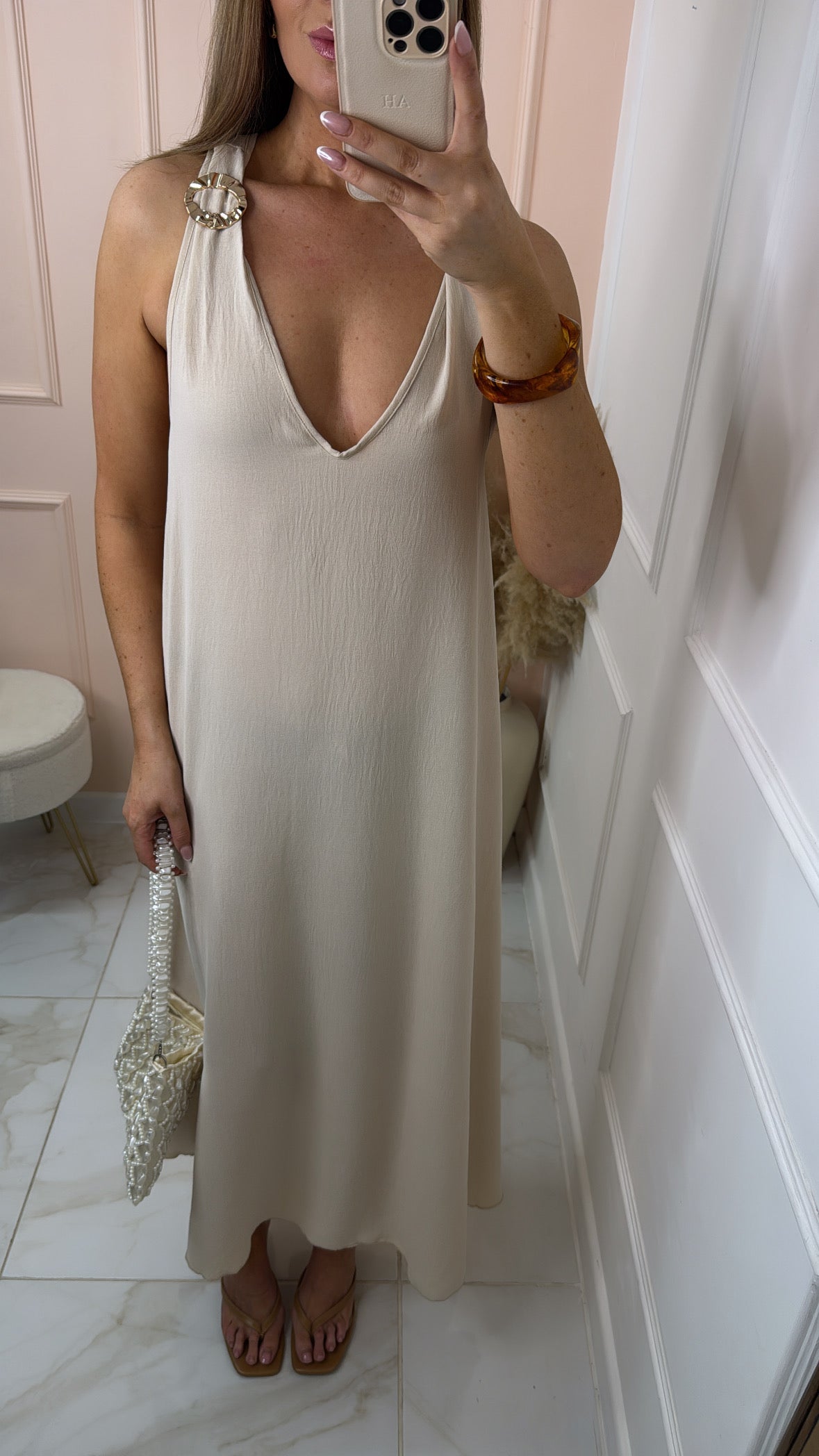MACIE beige gold detail maxi dress
