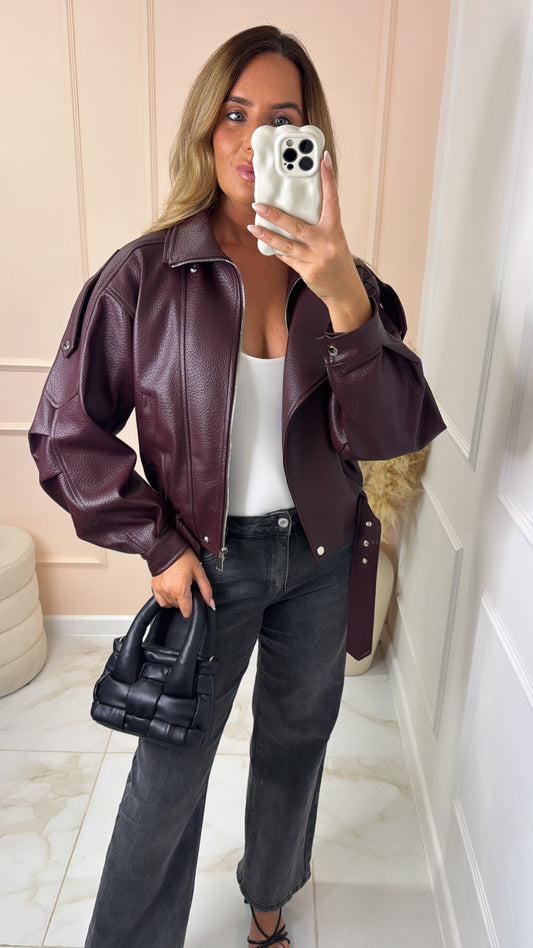 ALEXA wine belted faux leather biker jacket