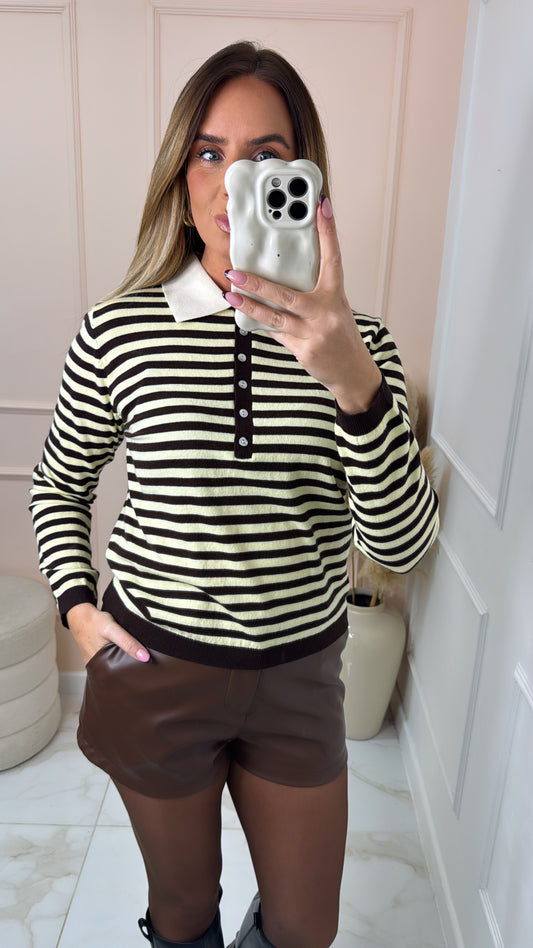 CHLOE brown and lemon stripe button jumper