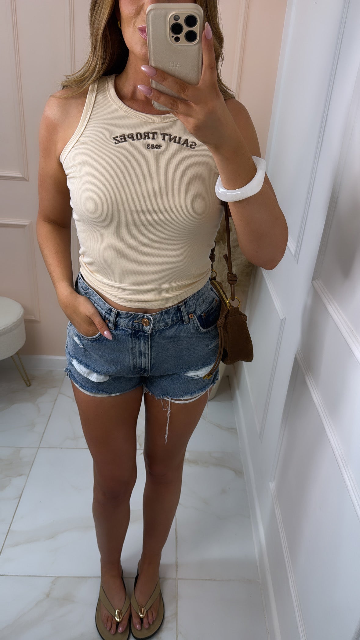 DREW beige saint tropez embroidered vest top