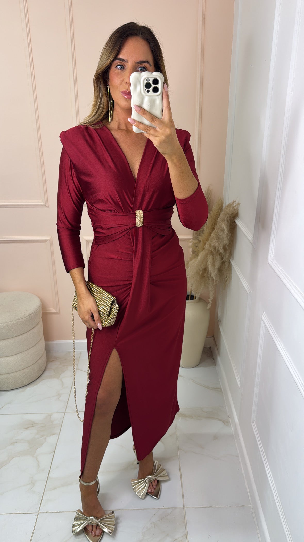 ELLA burgundy drape slinky shoulder pad maxi dress