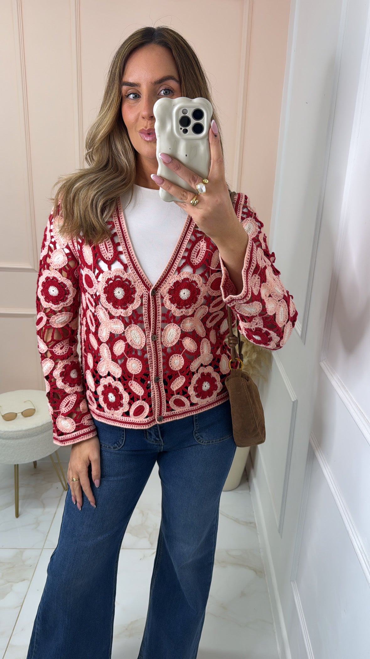 ROSIE pink & red floral crochet cardigan