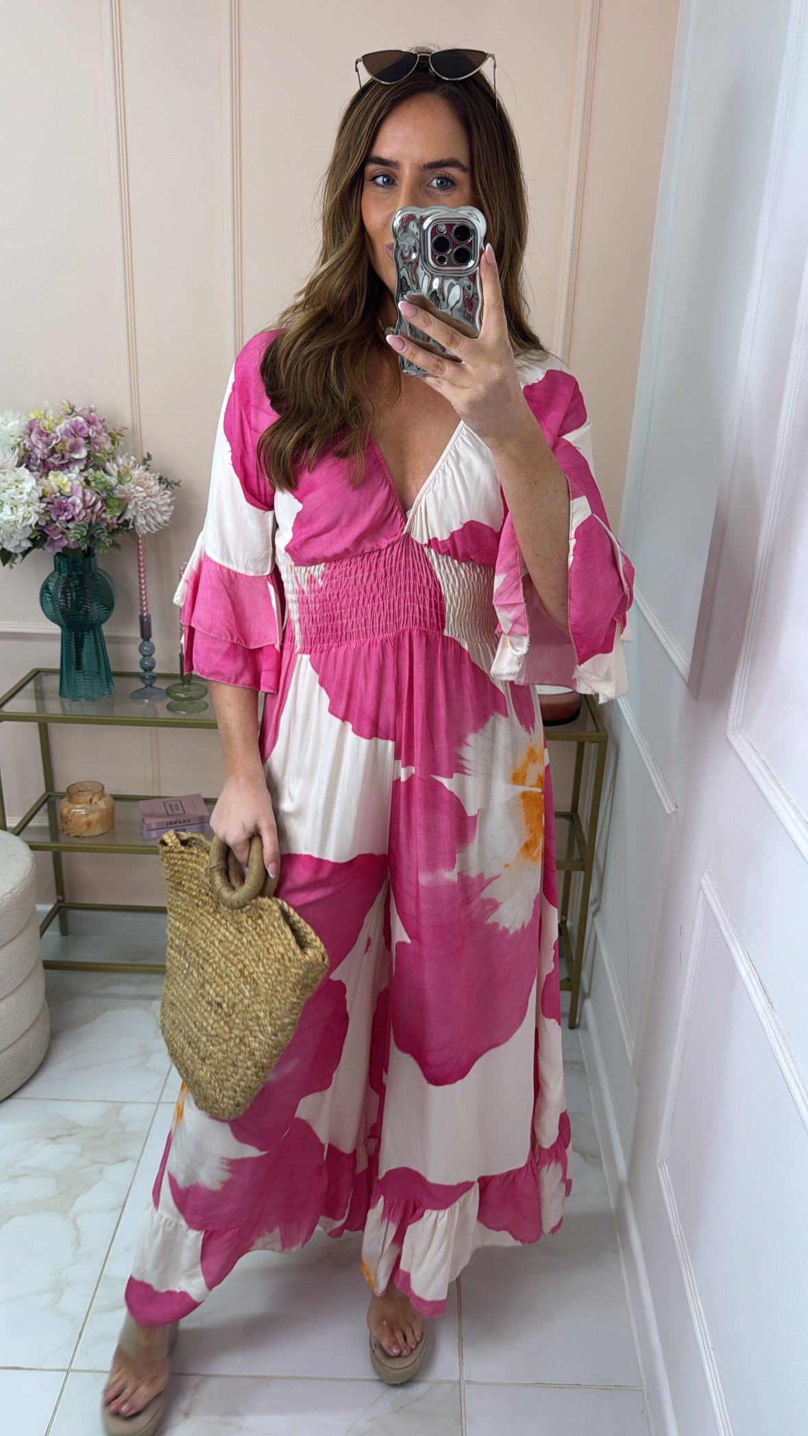 LACEY fuchsia floral frill sleeve jumpsuit
