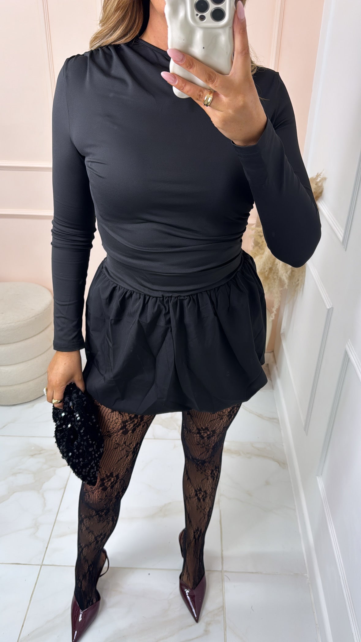 SOPHIA black puffball gathered waist mini dress