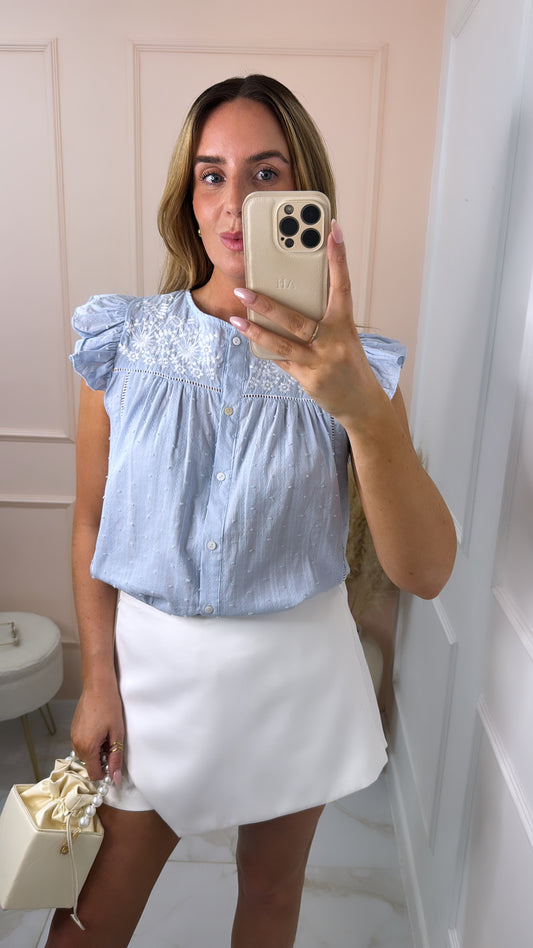 LILLIAN blue embroidered frill blouse