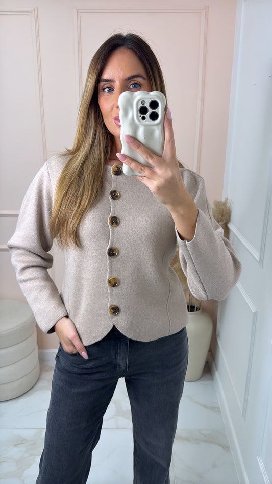 JODIE taupe button fitted cardigan