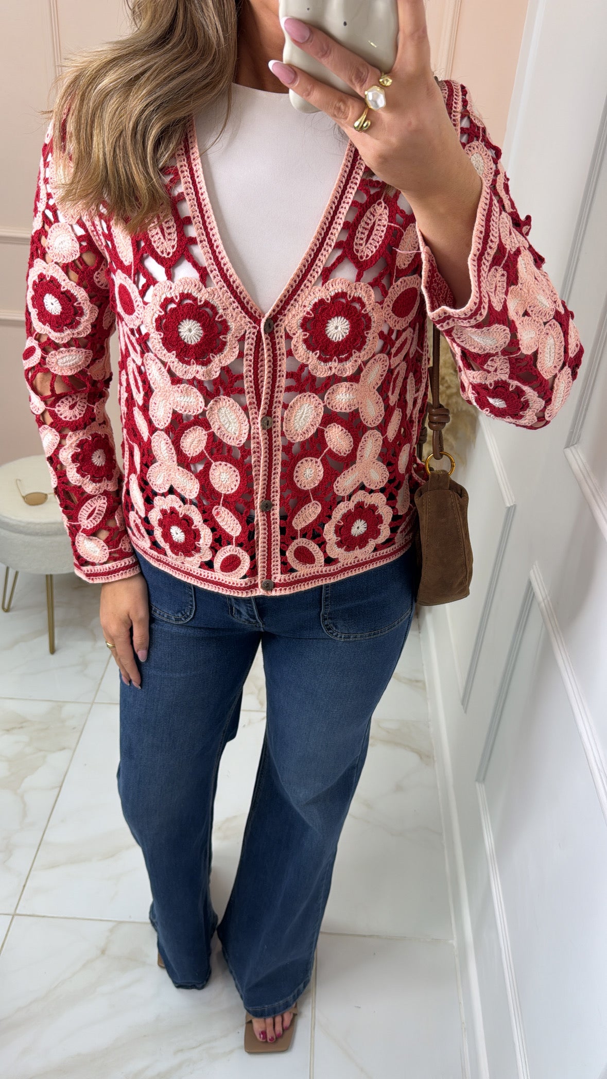 ROSIE pink & red floral crochet cardigan