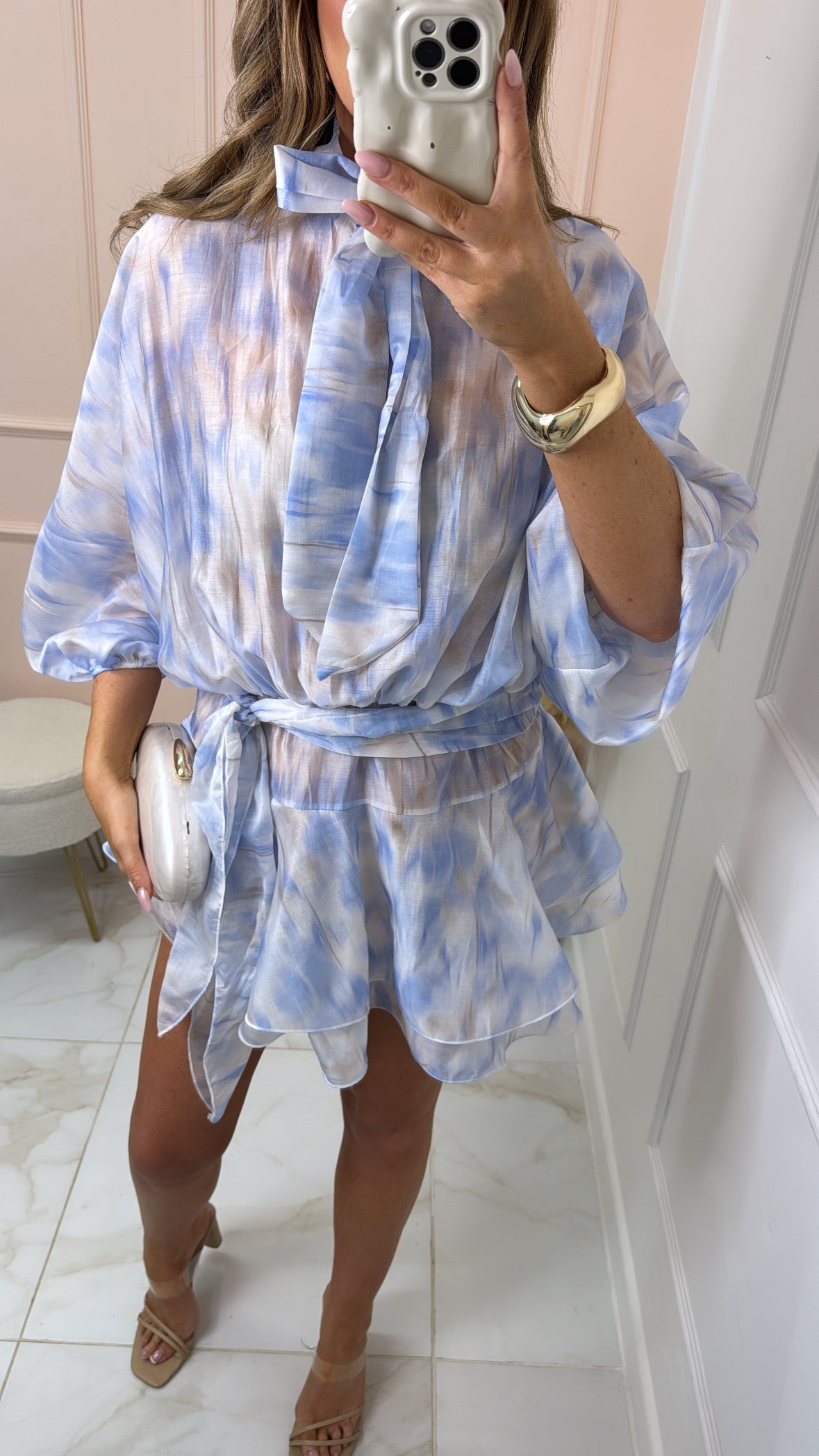LEAH blue printed tie waist dress