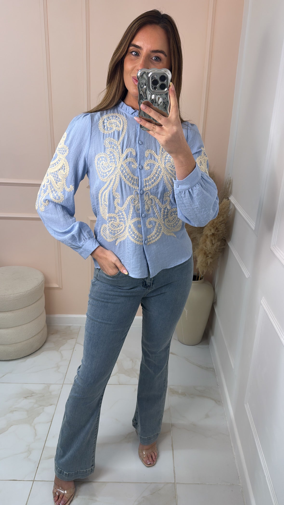 BRIELLE powder blue embroidered shirt