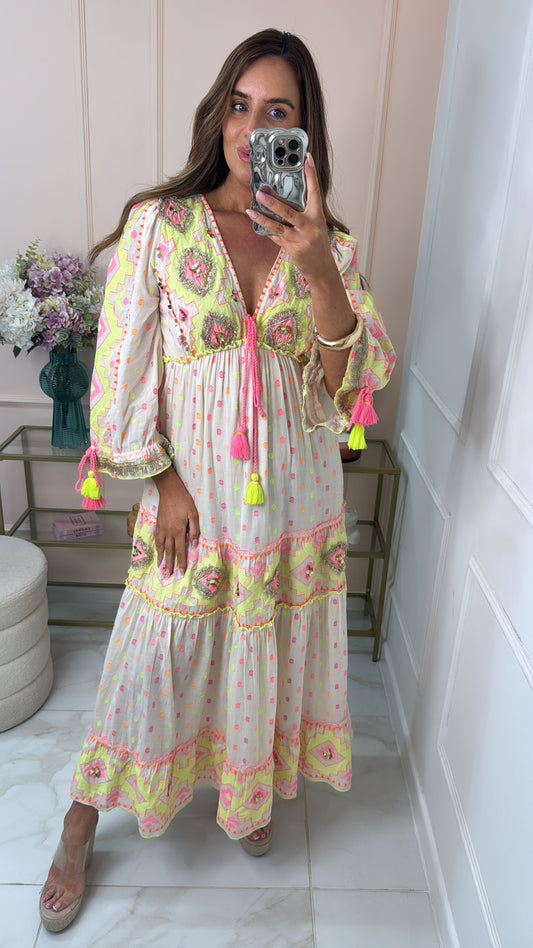 DAISY cream tiered tassle maxi dress