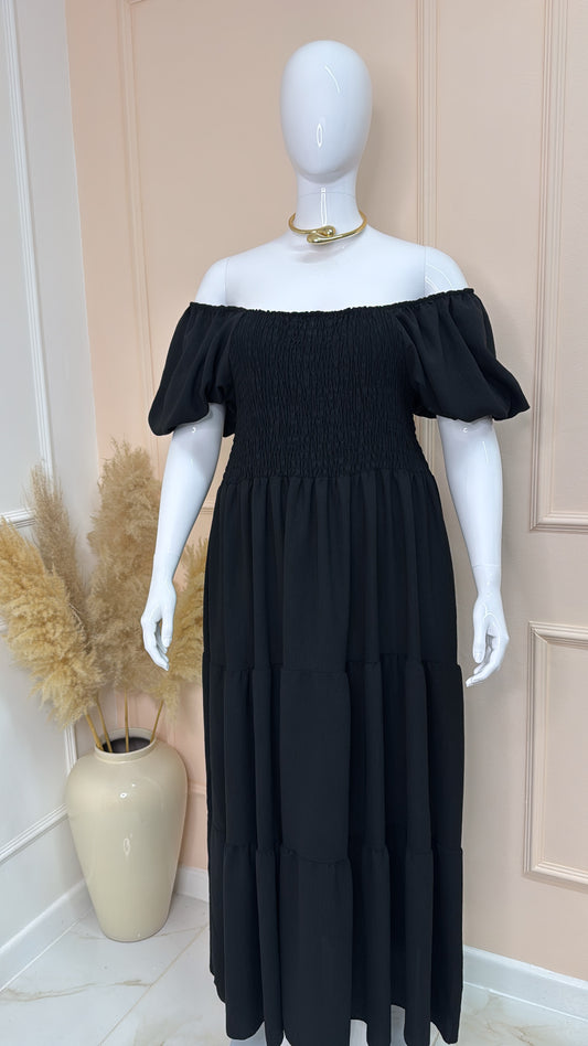 LACEY black tiered bardot maxi dress