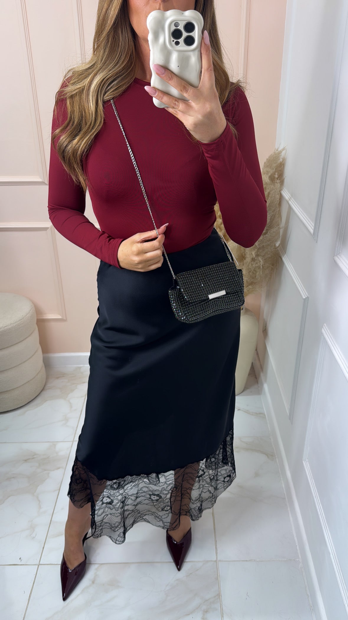 SHARNA black satin lace midaxi skirt