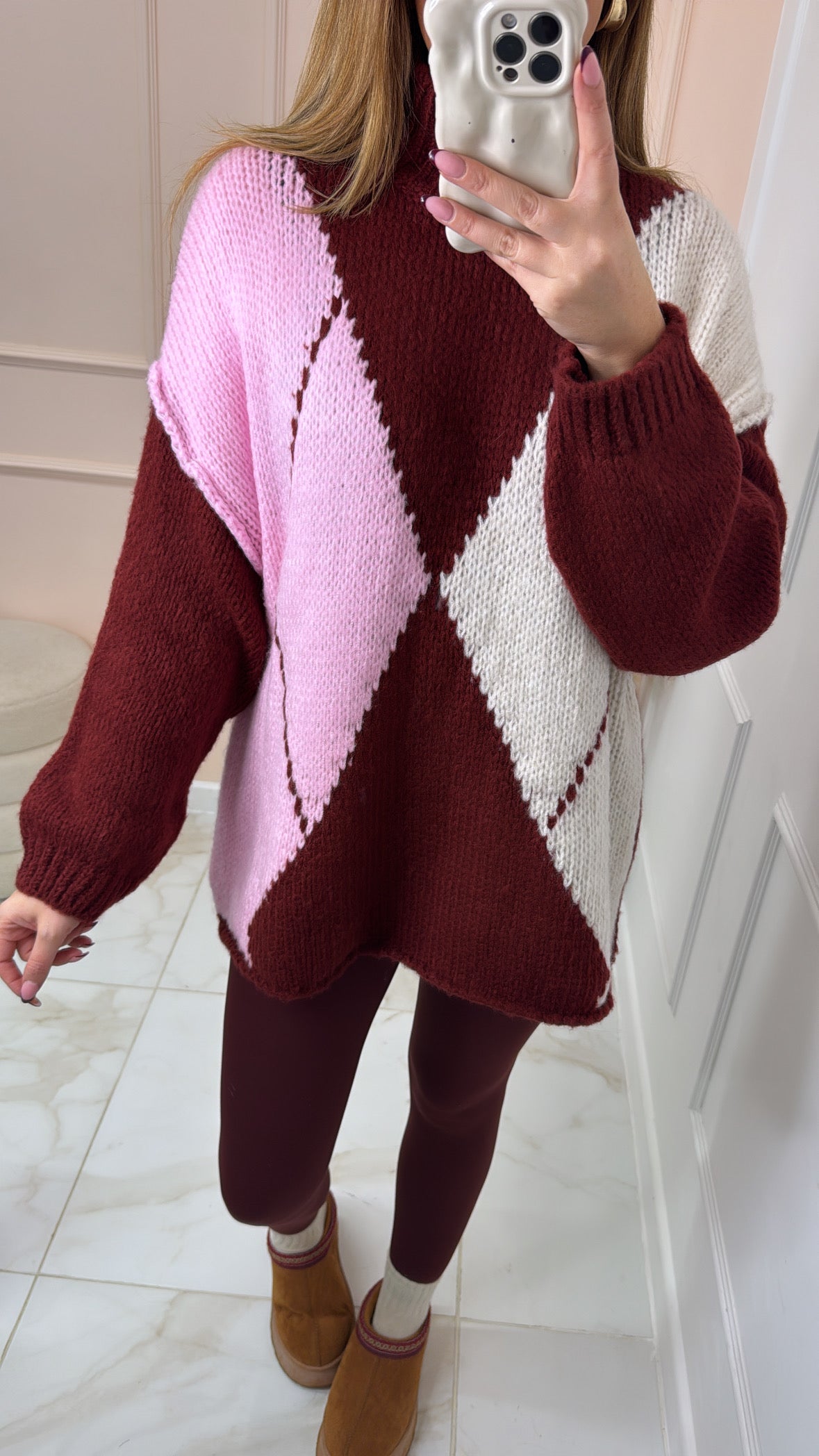 POPPY burgundy and pink argyle knit jumper