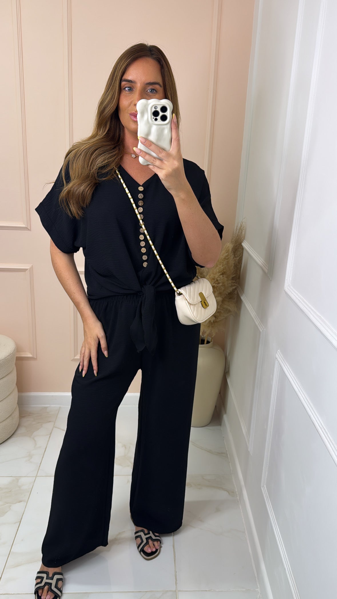 MAE black button tie front trouser set