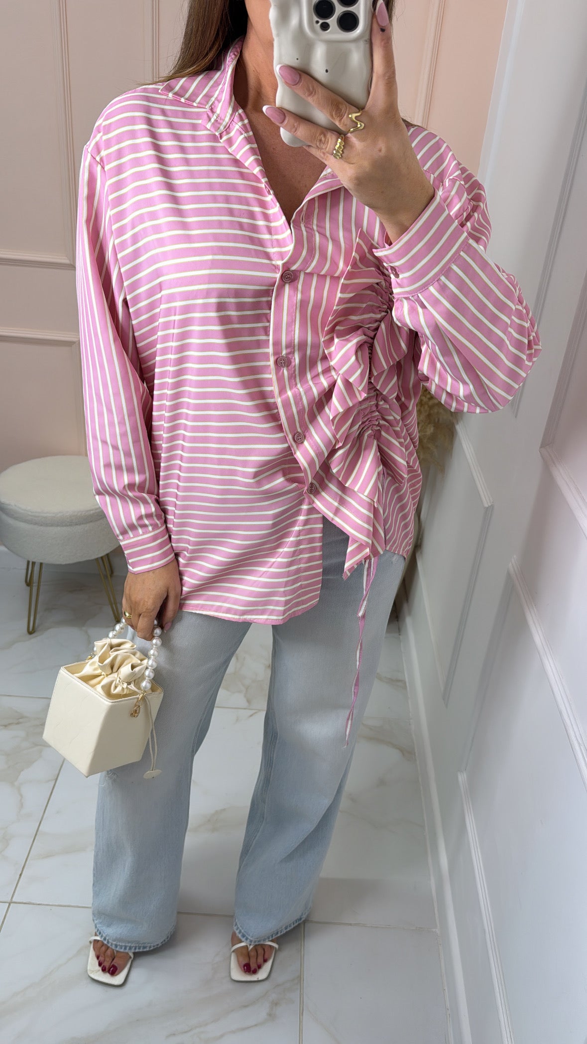 LUCIE pink pinstripe ruffle ruched shirt
