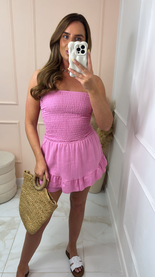 PIPPA pink shirred bandeau playsuit