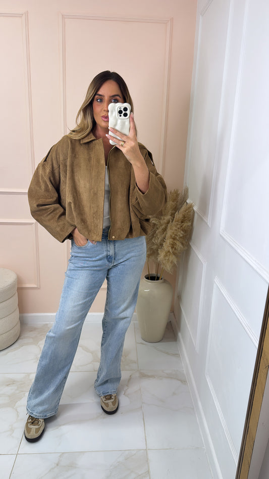 MABEL tan puffball suede jacket