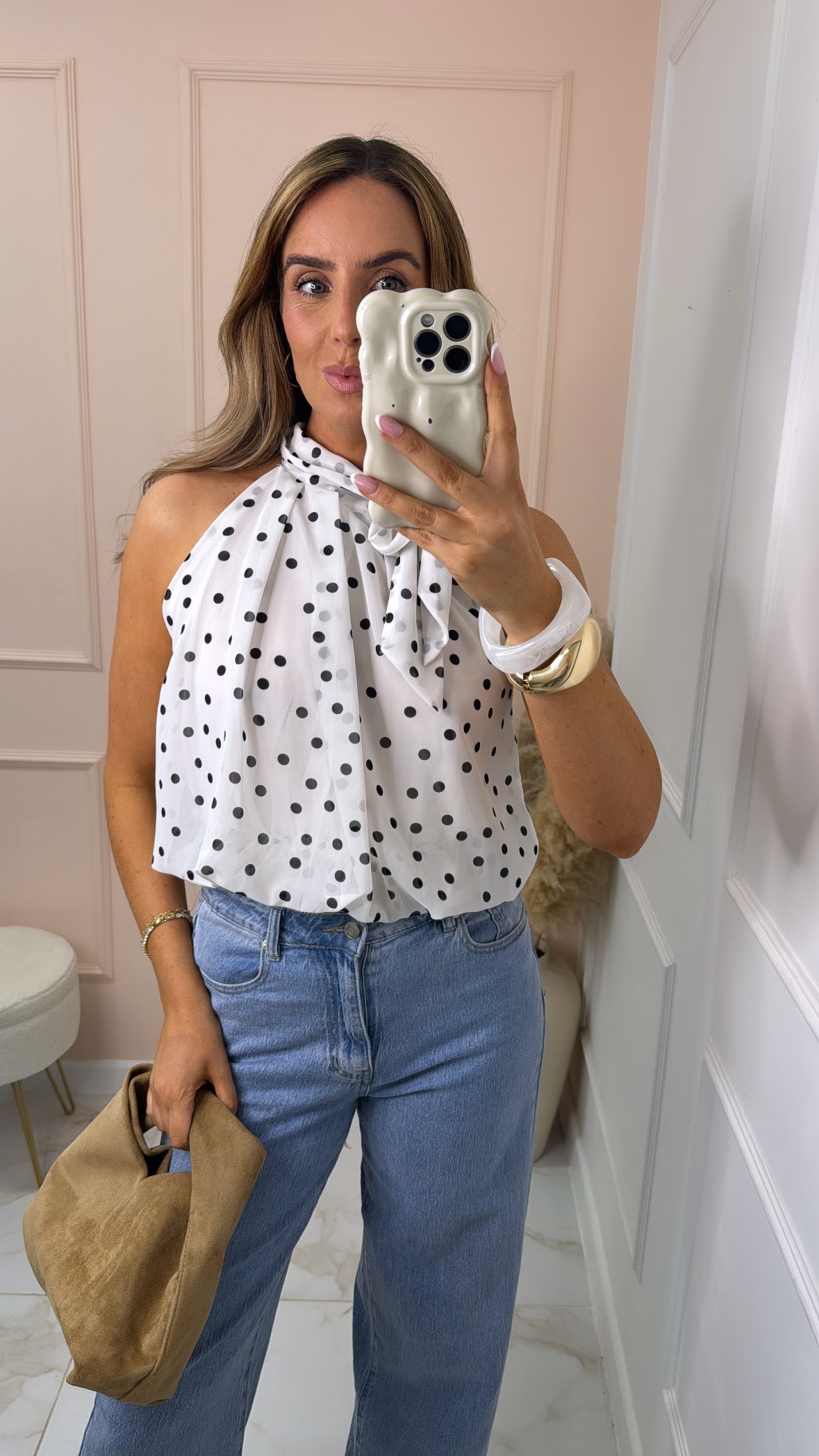 ALICIA white polka dot high neck top