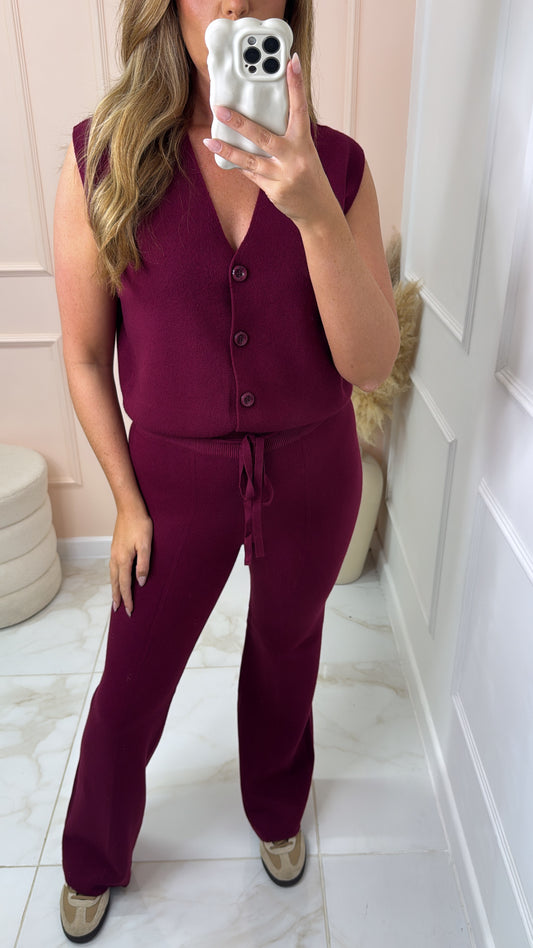 SOPHIA burgundy button fine knit lounge set