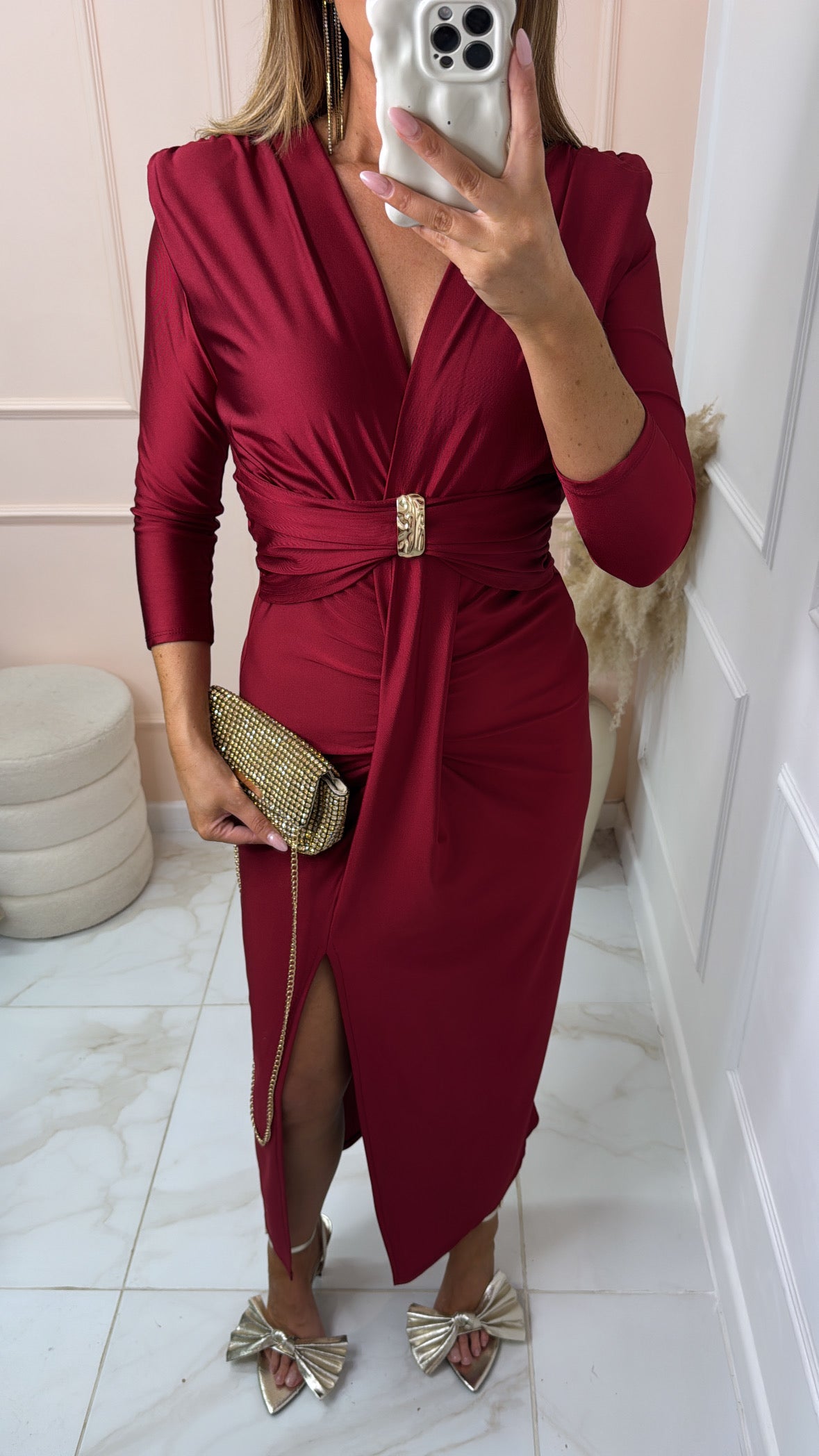 ELLA burgundy drape slinky shoulder pad maxi dress