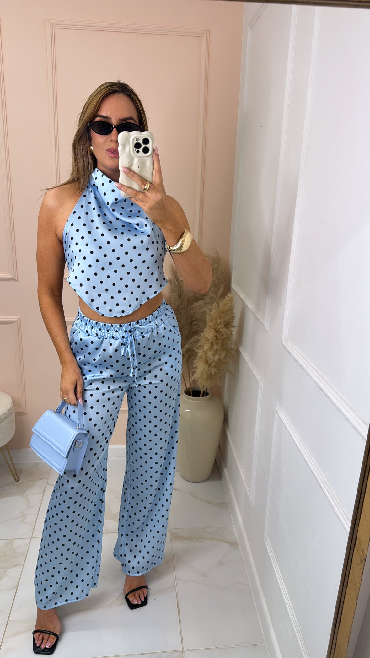 TALIA blue polka dot halter neck trouser set
