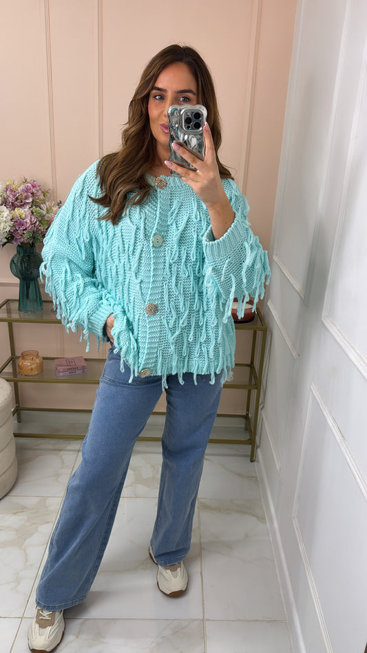 FLORENCE mint shaggy gold button cardigan