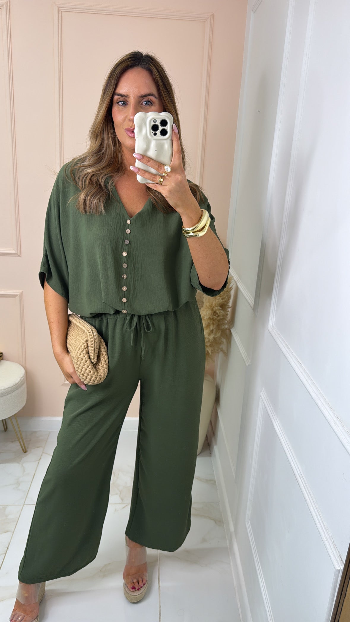 LUNA khaki button tie front trouser set