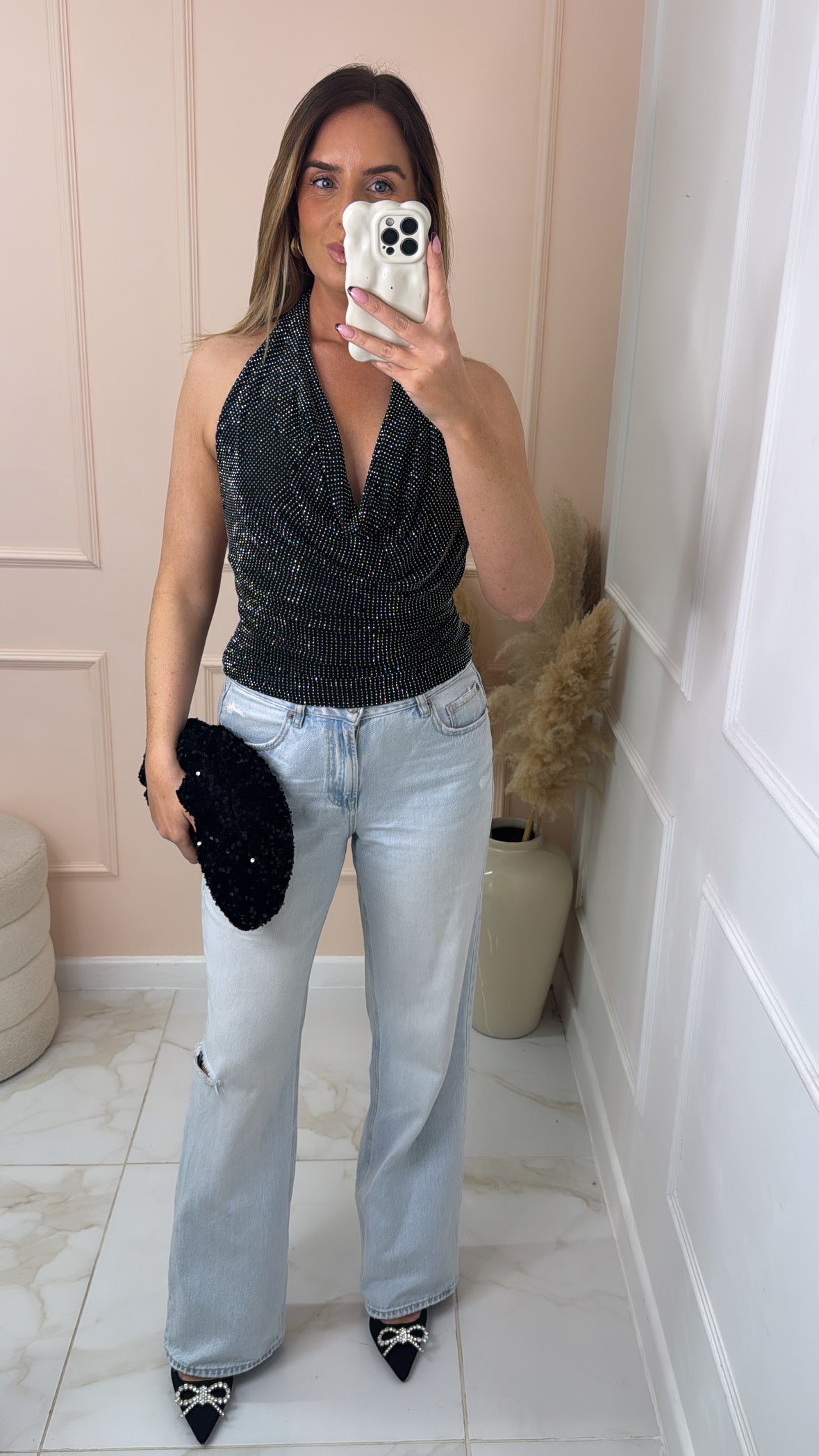 ROSA black embellished halter neck top