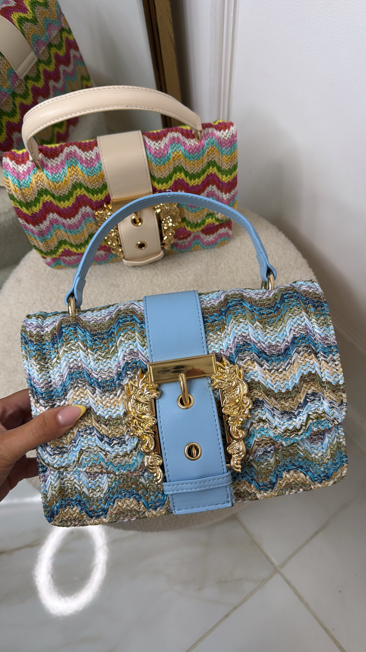 LIZZIE blue pattern buckle detail grab bag